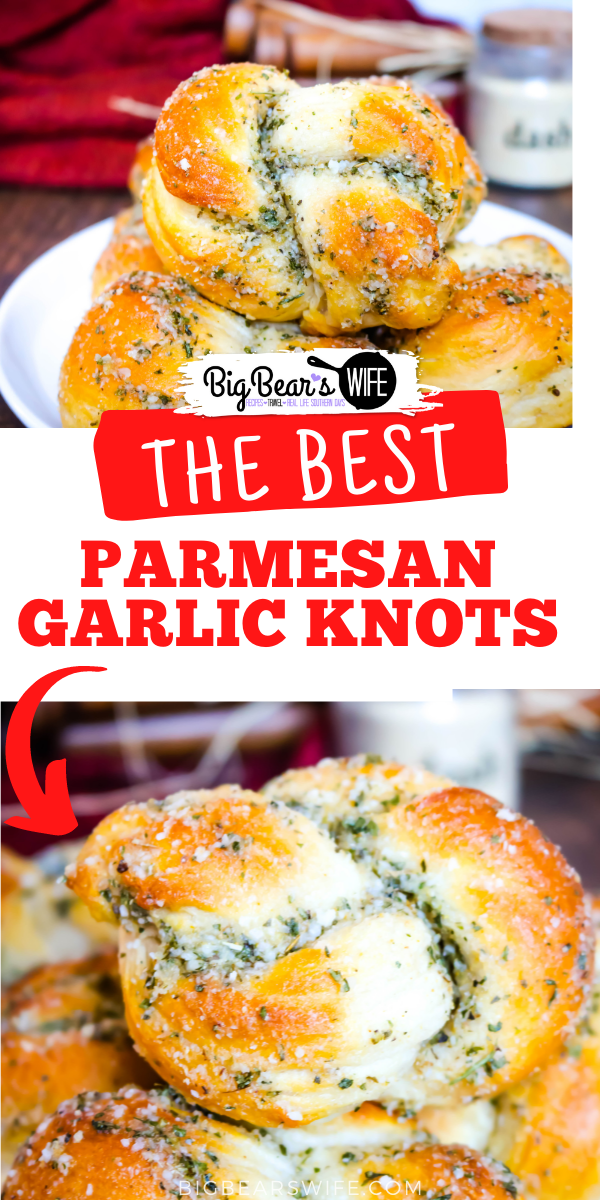 These super easy Parmesan Garlic Knots are perfect for Spaghetti night and great with a pot roast! They're made with refrigerated biscuits and you're going to love them!   via @bigbearswife