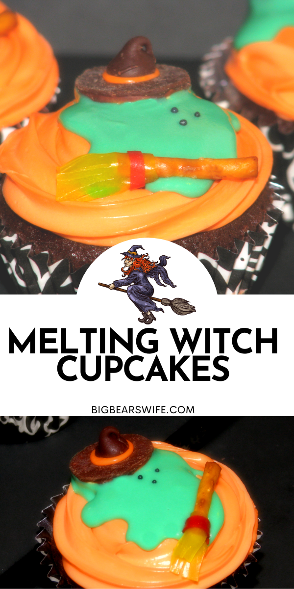 These Melting Witch Cupcakes are tasty chocolate cupcakes topped with bright orange icing and a spooky melting witch on top! via @bigbearswife