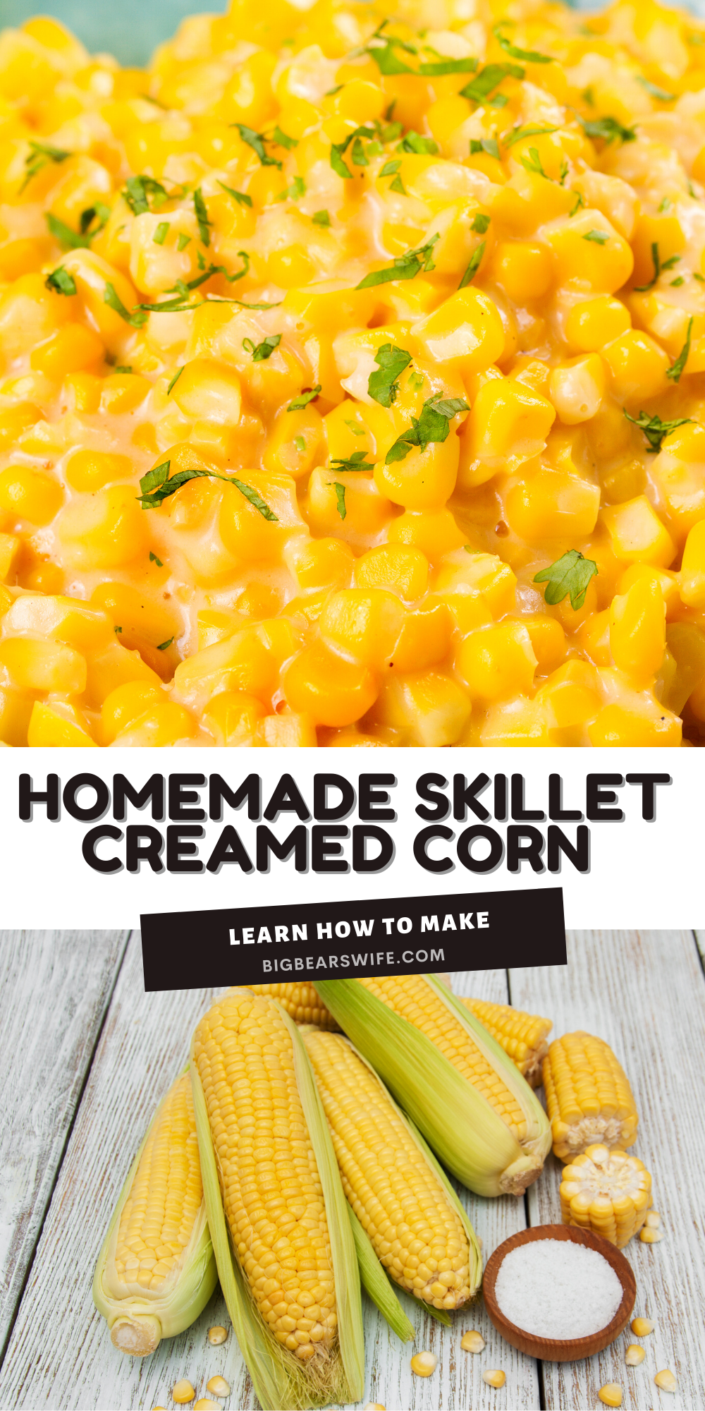 This recipe for Homemade Skillet Creamed Corn is so delicious and it's pretty easy to put together. Homemade Skillet Creamed Corn is great for a side dish for Thanksgiving, Corn Chowder or my favorite Creamed Corn Mac and Cheese!  via @bigbearswife