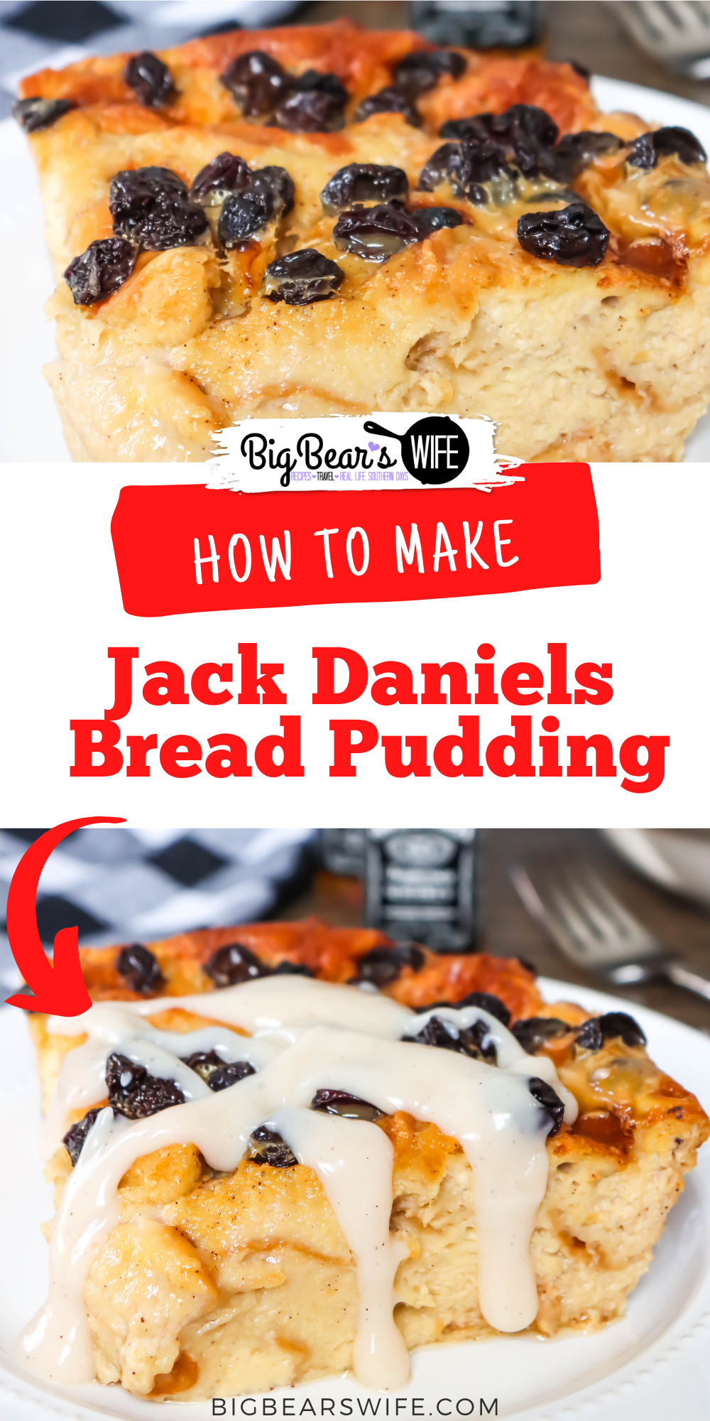 This Jack Daniels Bread Pudding is a family favorite that was passed down to me years ago from a chef at one of my favorite restaurants.  It's a creamy, custard cinnamon bread pudding topped with raisins and the most amazing homemade Jack Daniels Sauce!  via @bigbearswife