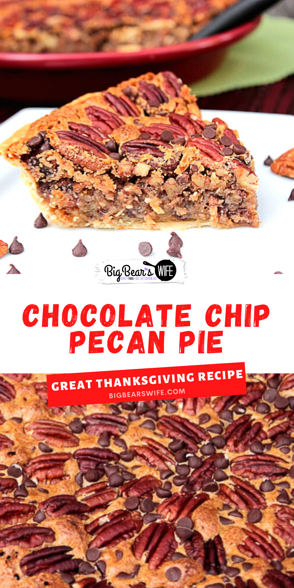 This Chocolate Chip Pecan Pie is a southern pecan pie that's been filled with mini chocolate chips! It's one of the best pies I've made!  via @bigbearswife