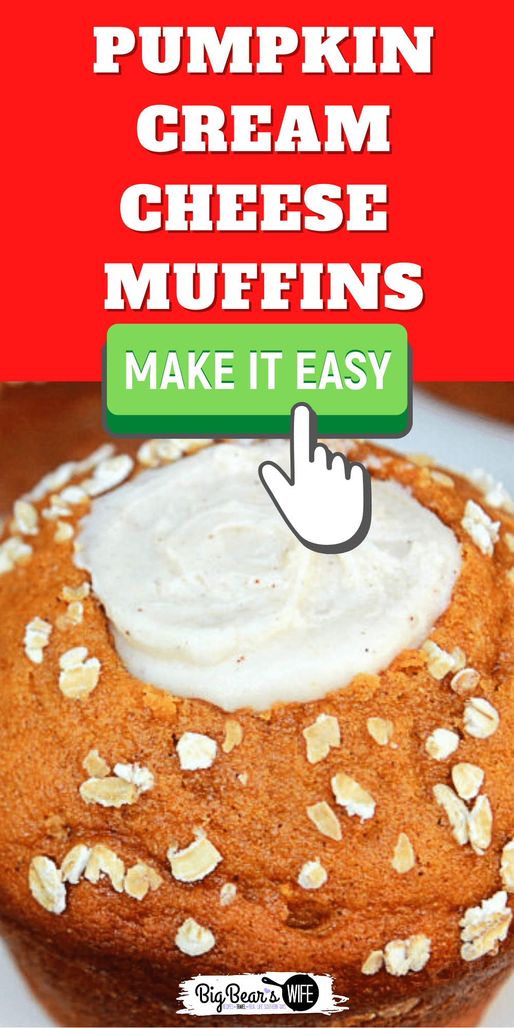 Pumpkin Cream Cheese Muffins - Soft pumpkin muffins made with pumpkin, pumpkin spice and cinnamon, topped with oats and filled with a homemade pumpkin spice cream cheese filling.  via @bigbearswife