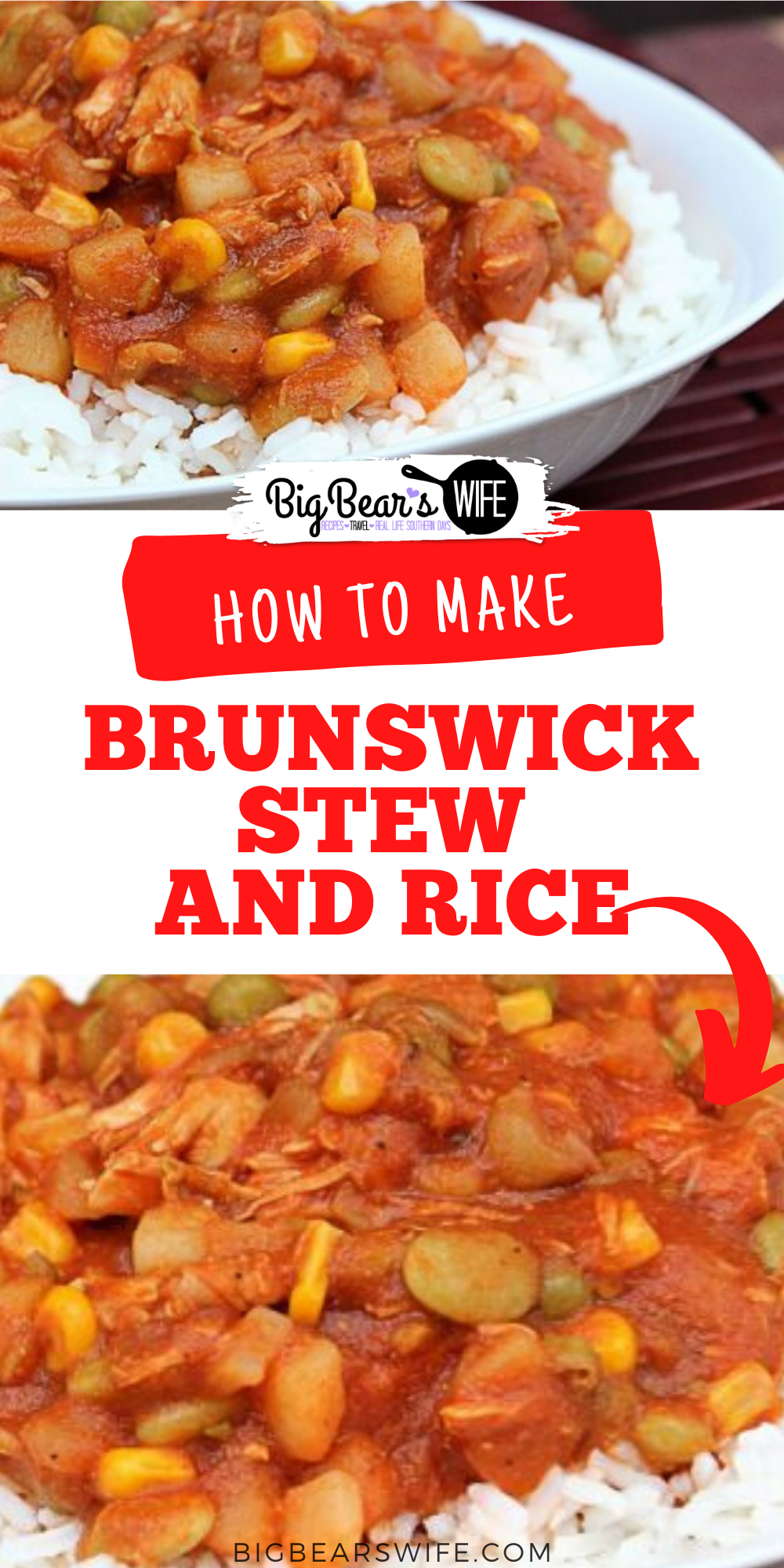 We love fire department stew but we can only get it a few times a year! So we decided to make our own version at home! This Brunswick Stew and Rice is stew perfection but of course, you don't have to serve it over rice! via @bigbearswife