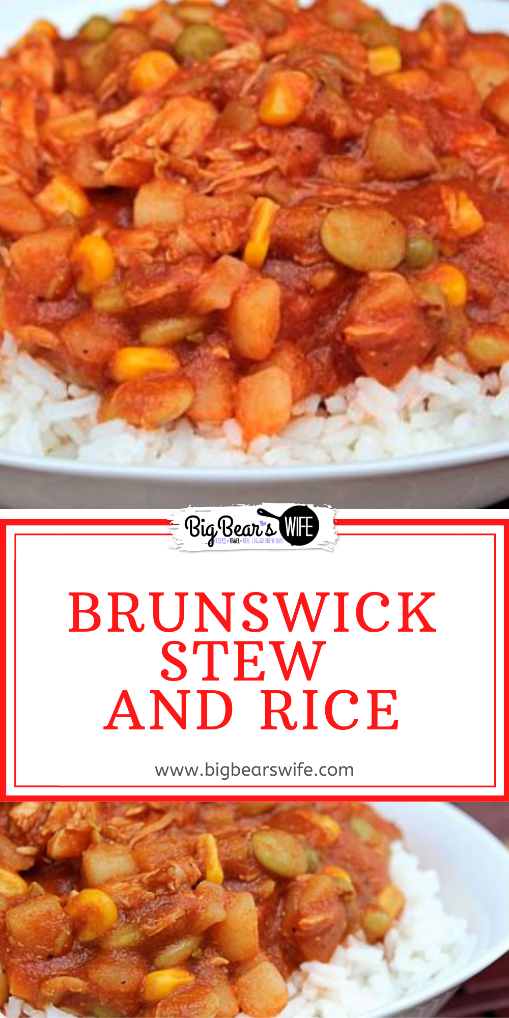 We love fire department stew but we can only get it a few times a year! So we decided to make our own version at home! This Brunswick Stew and Rice is stew perfection but of course, you don't have to serve it over rice! via @bigbearswife