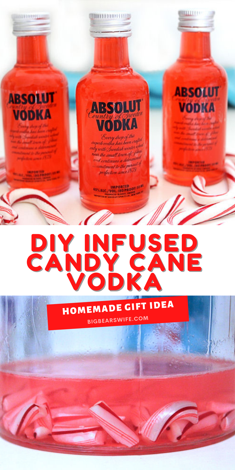 This infused Candy Cane Vodka is perfect to make for friend and family for Christmas! I love making these little bottle as gifts and as stocking stuffers for adult friends and family members.  via @bigbearswife