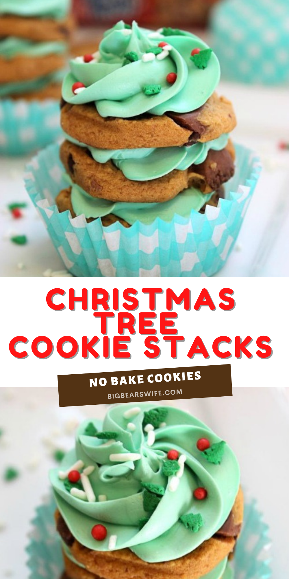 If you need a quick but cute no bake Christmas dessert, these No Bake Christmas Tree Cookie Stacks are for you! They're made with stacks of store-bought cookies and frosting to create the cutest little Christmas treats.  via @bigbearswife