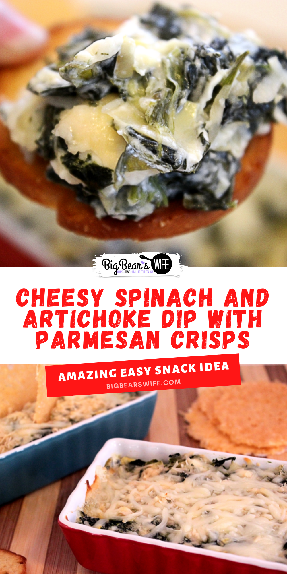 A super delicious Cheesy Spinach and Artichoke Dip with Parmesan Crisps that's perfect for parties and holidays! via @bigbearswife