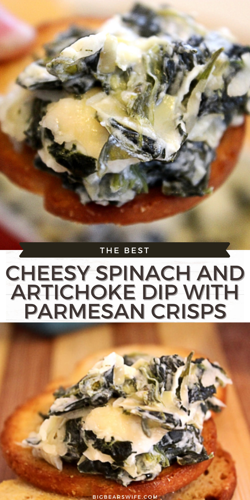 A super delicious Cheesy Spinach and Artichoke Dip with Parmesan Crisps that's perfect for parties and holidays! via @bigbearswife