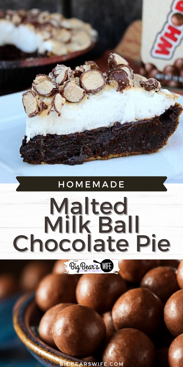  Malted Milk Ball Chocolate Pie - This homemade Malted Milk Ball Chocolate Pie is a perfect homemade chocolate malt pie with crushed Whoppers candies added into the pie and tossed on top! via @bigbearswife