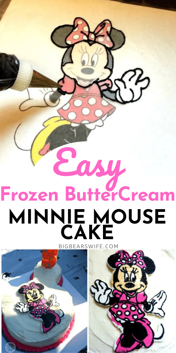 Learn how to decorate any cake with any theme with this super easy frozen buttercream transfer tutorial. We're making a Minnie Mouse Frozen Buttercream Transfer birthday cake as an example! Perfect for an easy cake decoration! via @bigbearswife