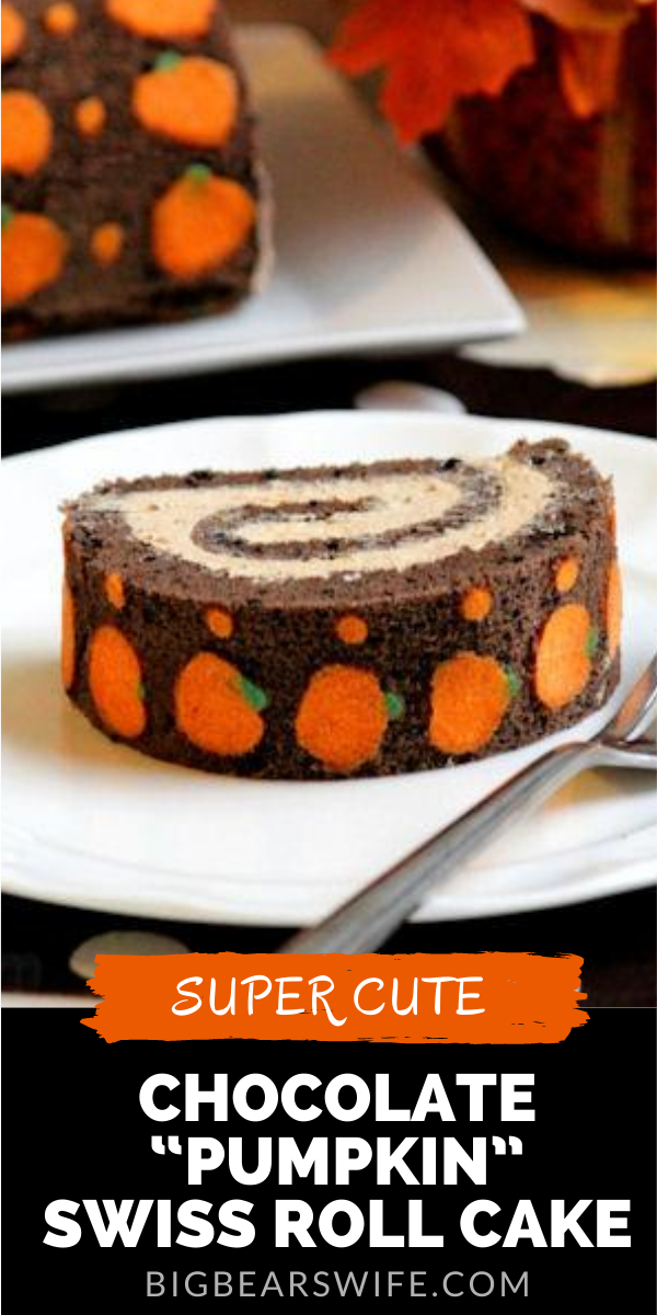  This Chocolate "Pumpkin" Swiss Roll Cake is a chocolate sponge cake that's been dotted with little orange pumpkins and filled with chocolate buttercream! via @bigbearswife