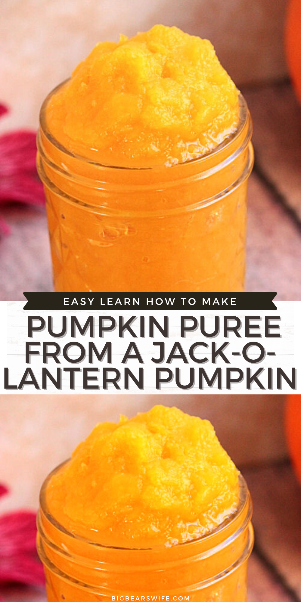 Want to make some homemade Pumpkin Desserts? Turn those un-carved pumpkins into homemade pumpkin puree! Perfect for Pumpkin Pies, Pumpkin Bread, Pumpkin Cookies and more!  This post will teach you how to make Homemade Pumpkin Puree from Jack-O-Lantern style pumpkins.  via @bigbearswife