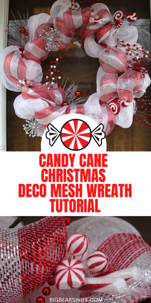 Candy Cane Christmas Deco Mesh Wreath - the perfect winter/Christmas Deco mesh Wreath - Plus a link to my step by step Deco Mesh Tutorial!!  Learn how to make this beautiful Candy Cane Christmas Deco Mesh Wreath for your home with this easy Candy Cane Christmas Deco Mesh Wreath Tutorial!