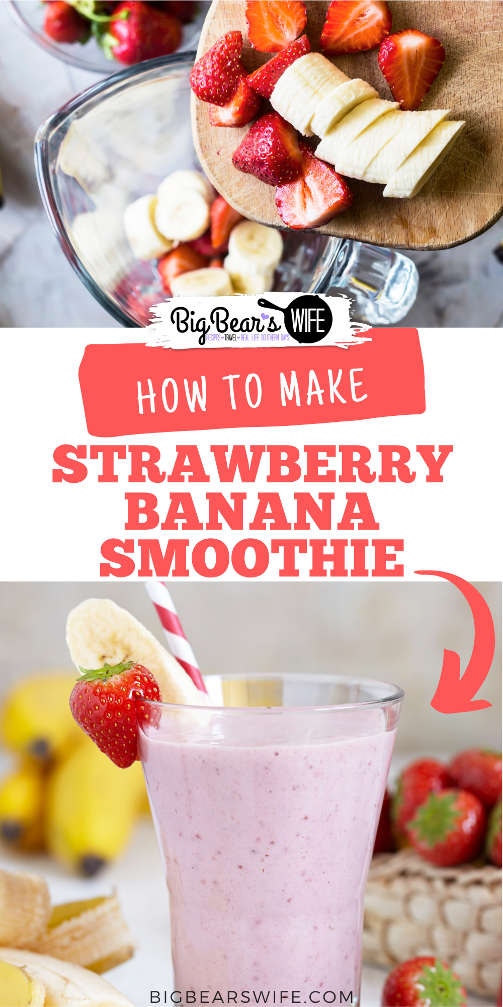 This 4 ingredient Strawberry Banana Smoothie is so easy to make and it makes for the perfect breakfast or afternoon treat!  via @bigbearswife