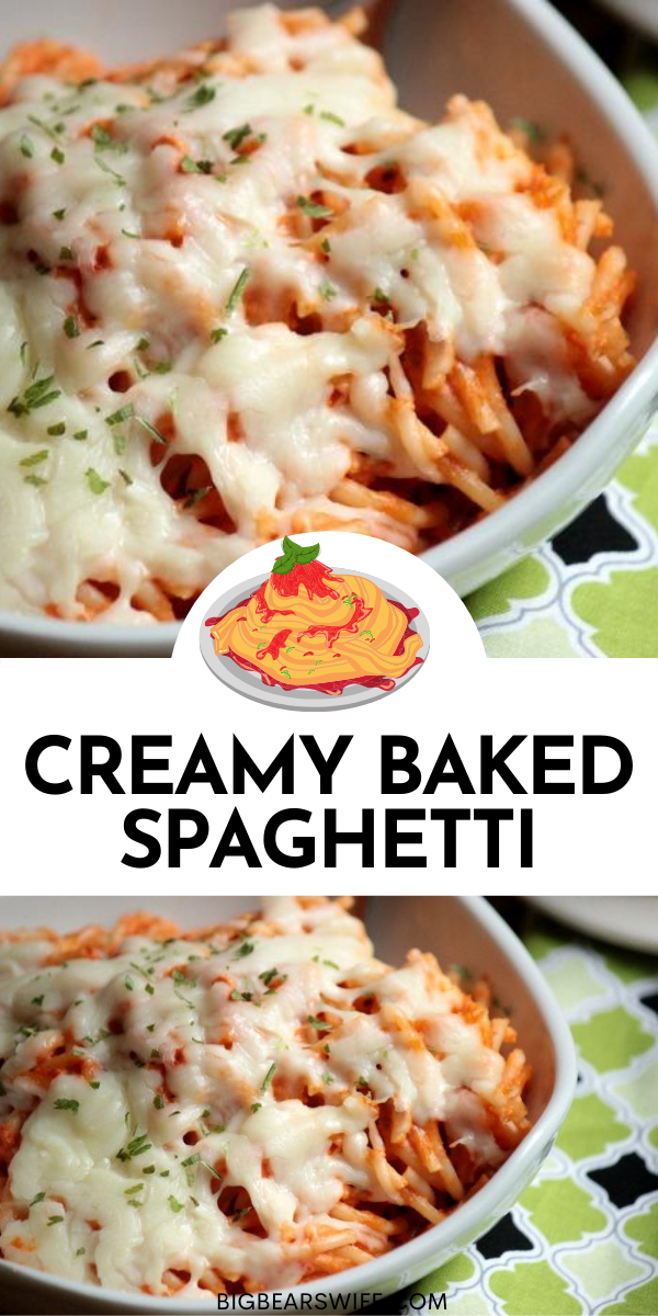 Spaghetti, prepared pasta sauce, mozzarella and cream cheese make a quick and cheesy comfort-food dinner. This Creamy Baked Spaghetti is one easy dinner! via @bigbearswife