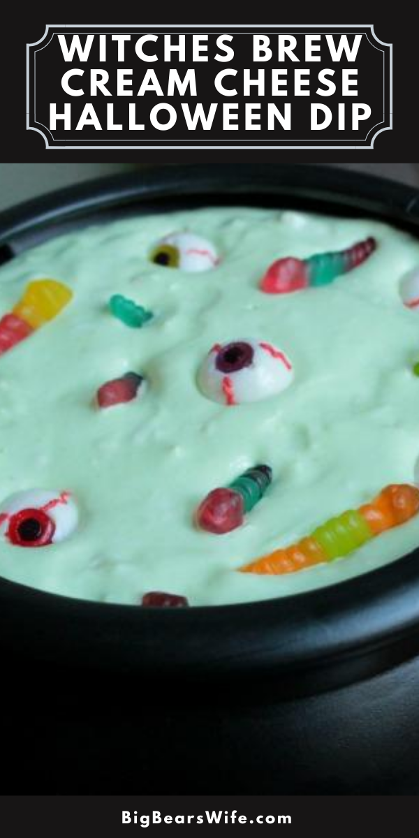 A Halloween dip that is sure to please your little witches! This Witches Brew Cream Cheese Halloween Dip, can be made with any flavor of pudding too! via @bigbearswife