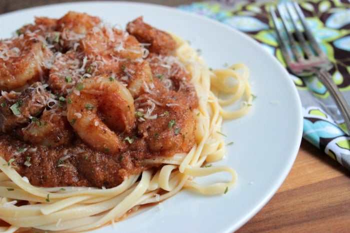 Garlic Shrimp and Sausage Linguine {Pasta for Two} #IHeartDreamfields