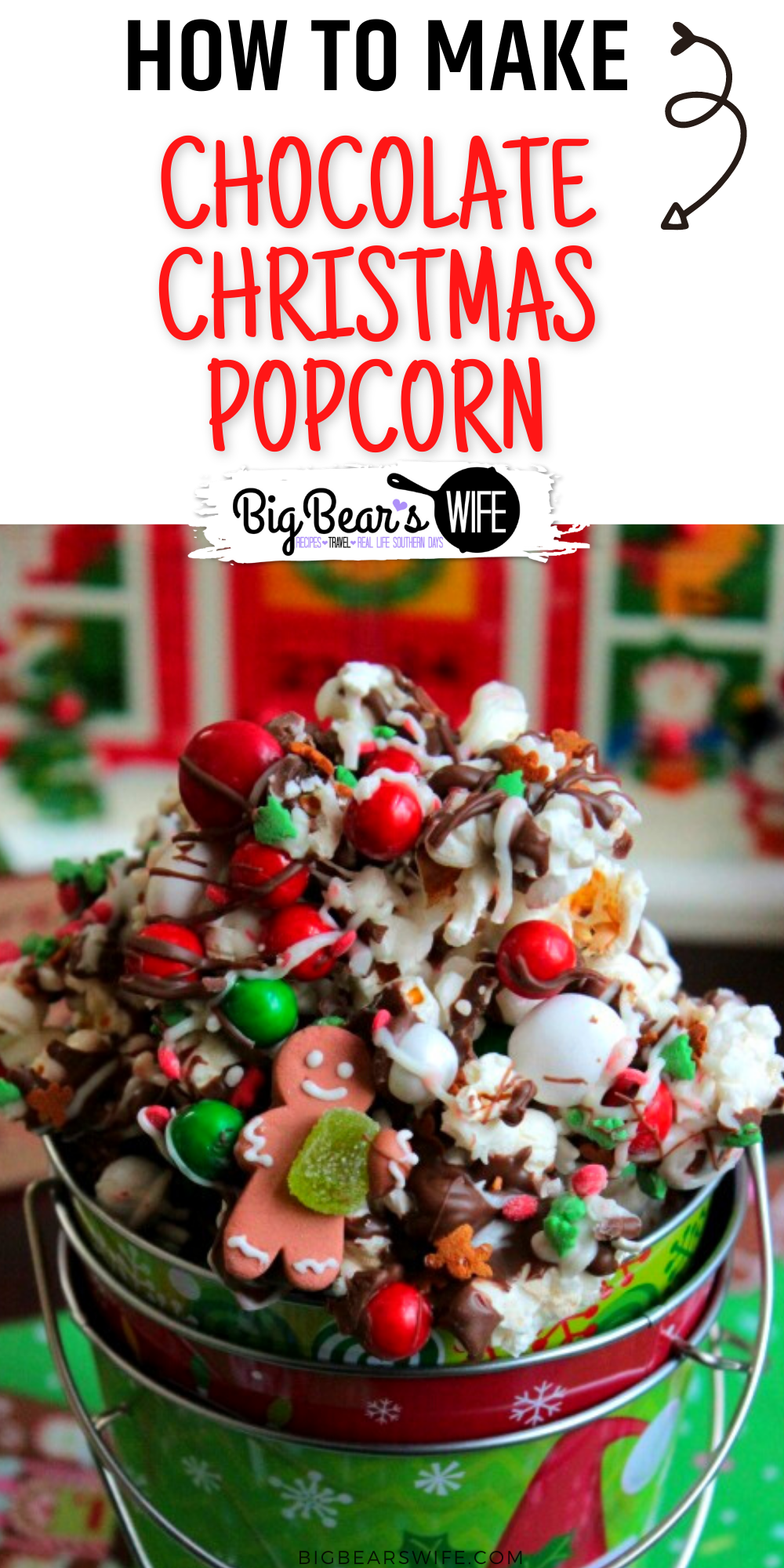  Drizzled with chocolate and sprinkled with chocolate candies and Christmas sprinkles, this Chocolate Christmas popcorn is the perfect festive treat to make at home with the kids or to package up for neighbor gifts! via @bigbearswife