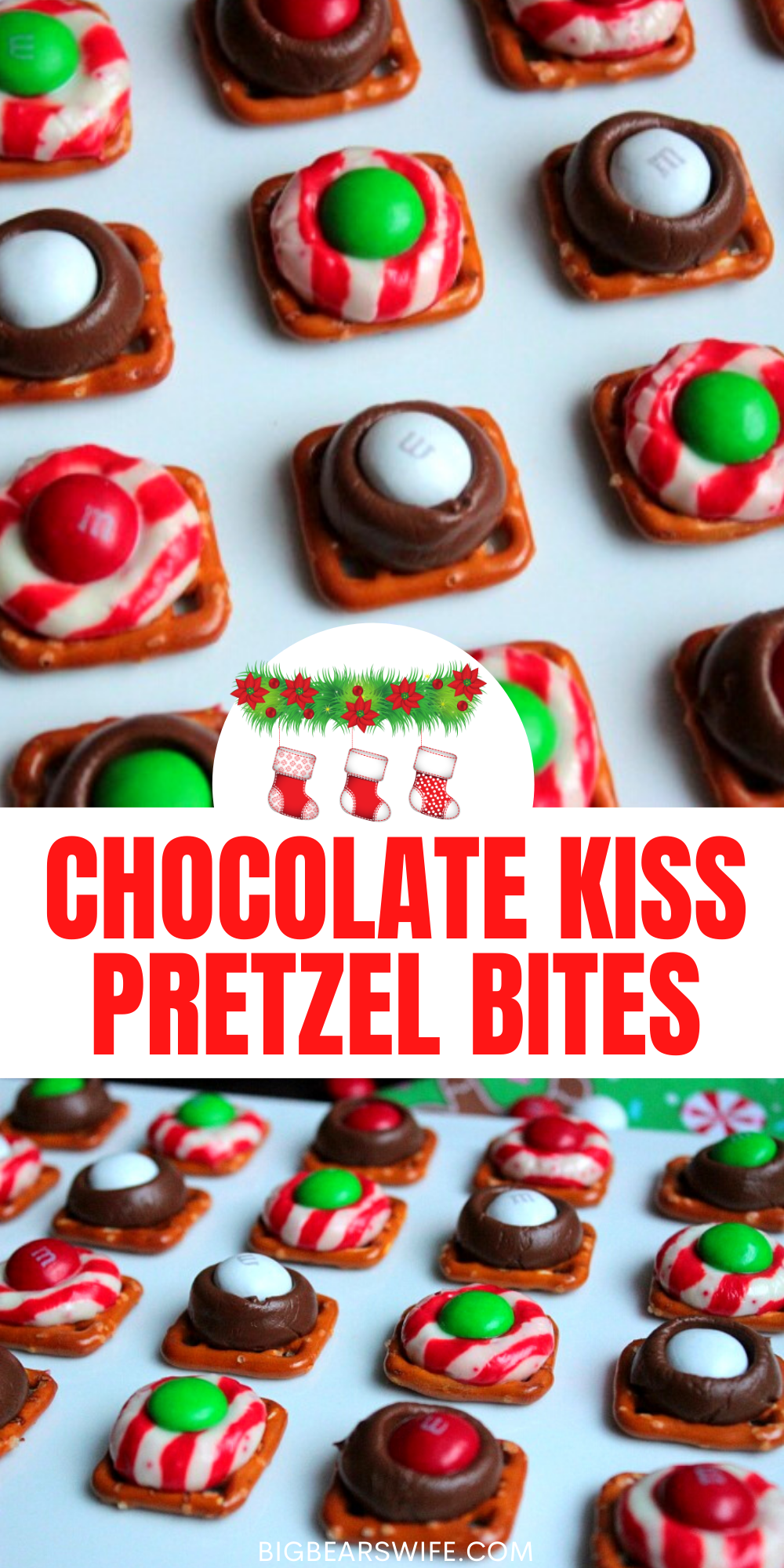   These Chocolate Kiss Pretzel Bites are little pretzel squares that are topped with chocolate kisses, melted in the oven and then topped with sweet chocolate candies! They're the perfect sweet and salty dessert! via @bigbearswife