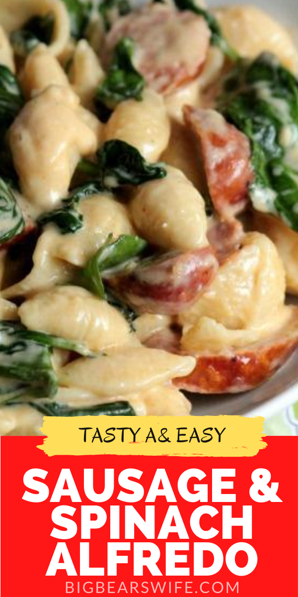 This creamy Sausage and Spinach Alfredo always gets rave reviews when friends and family make it! It's so easy and so delicious!  via @bigbearswife
