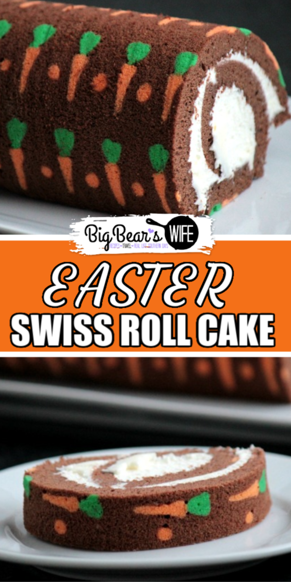 Chocolate Carrot Swiss Roll Cake - This Chocolate Carrot Swiss Roll Cake is a chocolate sponge cake with super cute mini cake carrots baked right in! Then this "carrot" cake is filled with a cream cheese frosting and rolled up into a giant swiss roll cake! via @bigbearswife