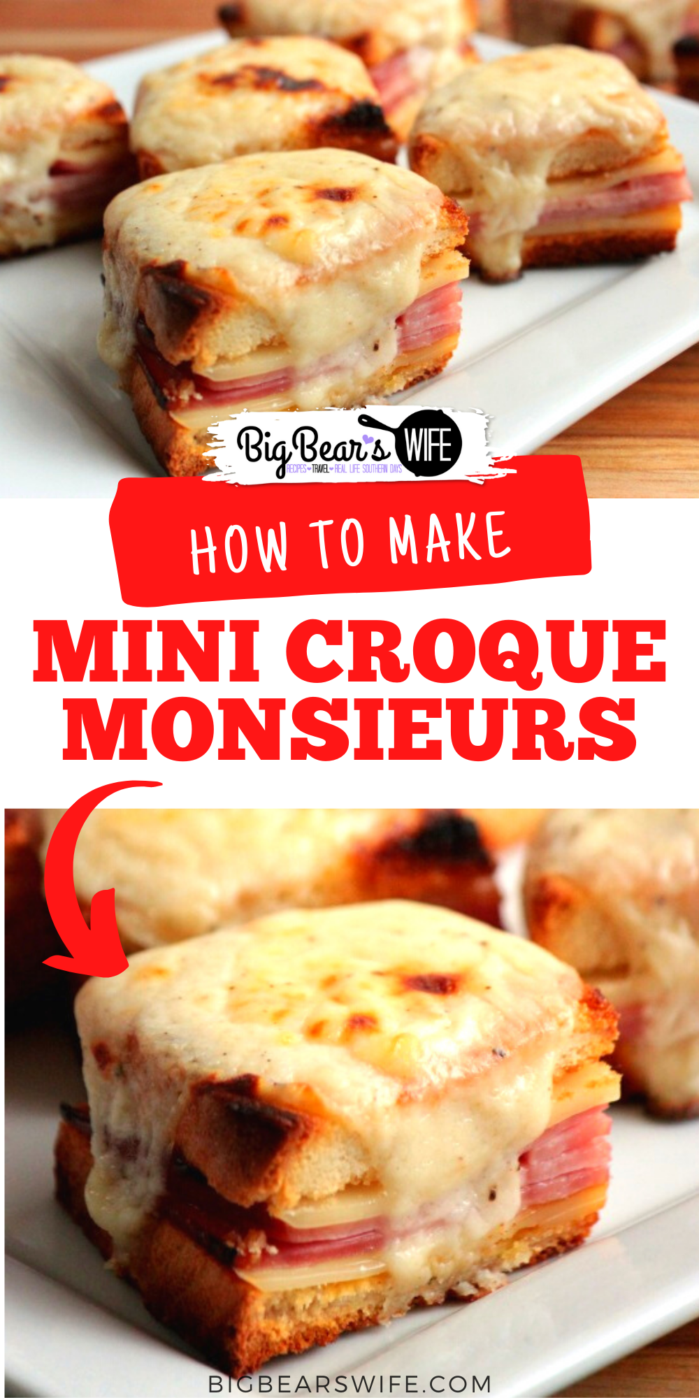  Mini Croque Monsieurs might sounds fancy but they're really just perfectly baked ham and cheese sandwiches with a simple cheesy Bechamel Sauce on top! via @bigbearswife