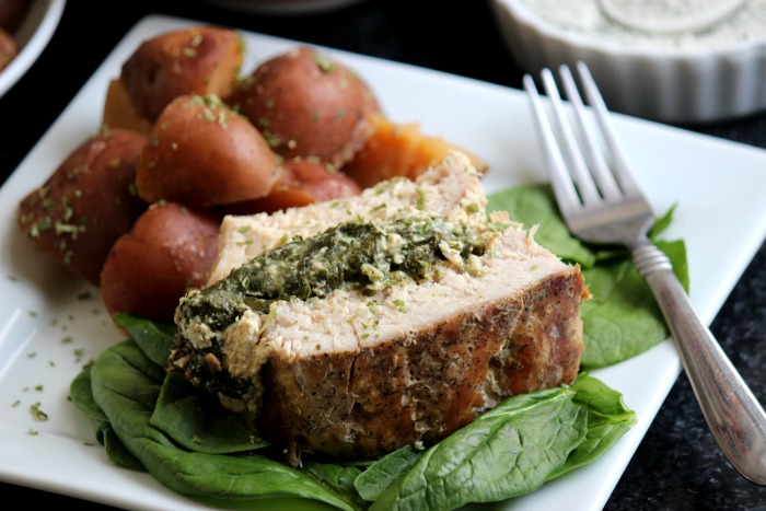Slow Cooker Ranch Stuffed Pork Loin with Red Skinned Potatoes #PinkPork