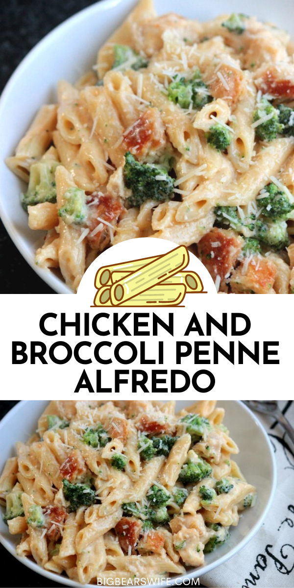 This Chicken and Broccoli Penne Alfredo is easy to whip up for dinner and delicious! This has been one of my most popular recipes for years!  via @bigbearswife