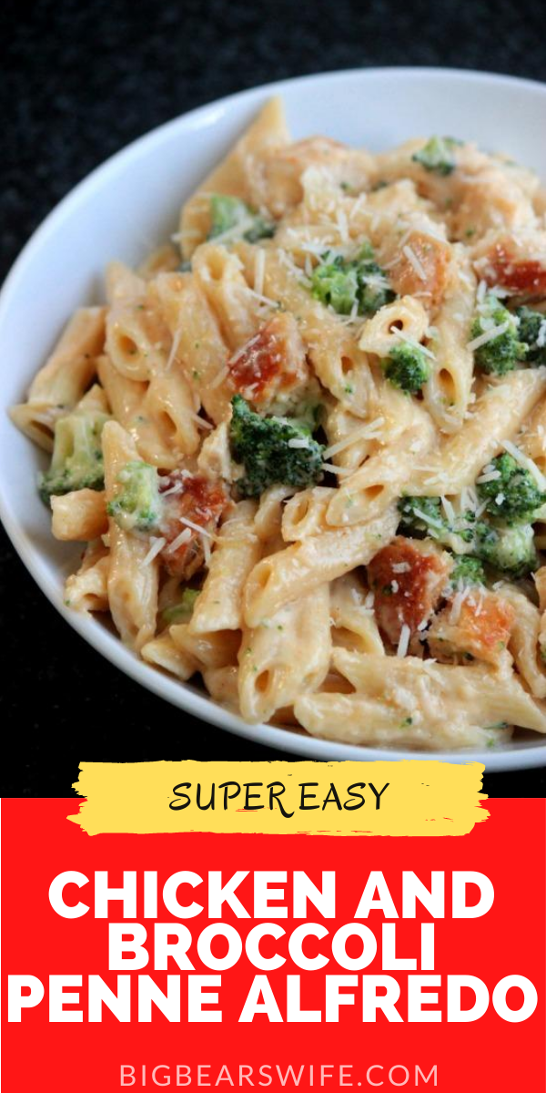 This Chicken and Broccoli Penne Alfredo is easy to whip up for dinner and delicious! This has been one of my most popular recipes for years!  via @bigbearswife
