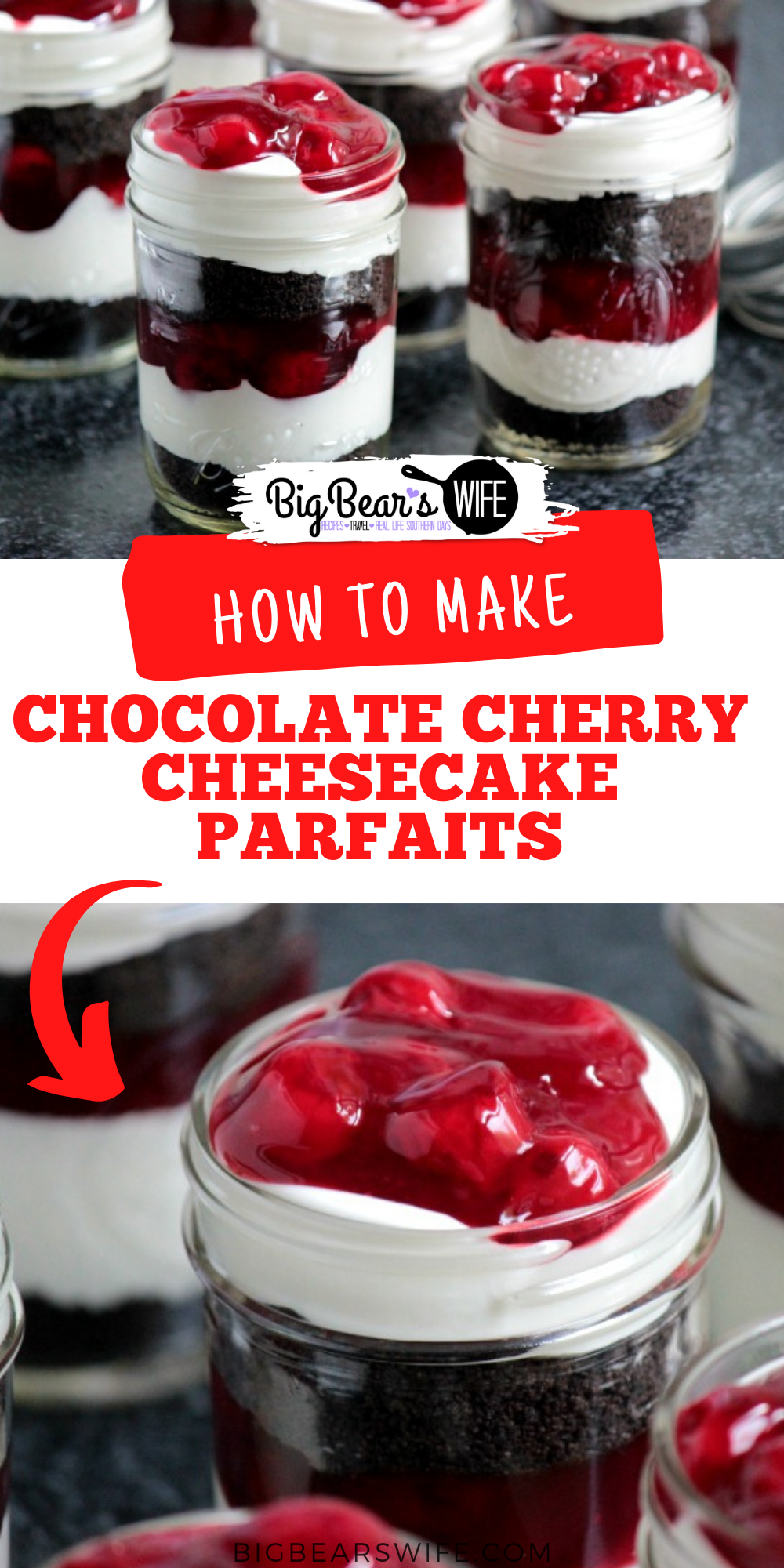 Layers of chocolate cookies, cherry pie filling and no bake cheesecake filling make up these super easy Chocolate Cherry Cheesecake Parfaits for dessert!  via @bigbearswife