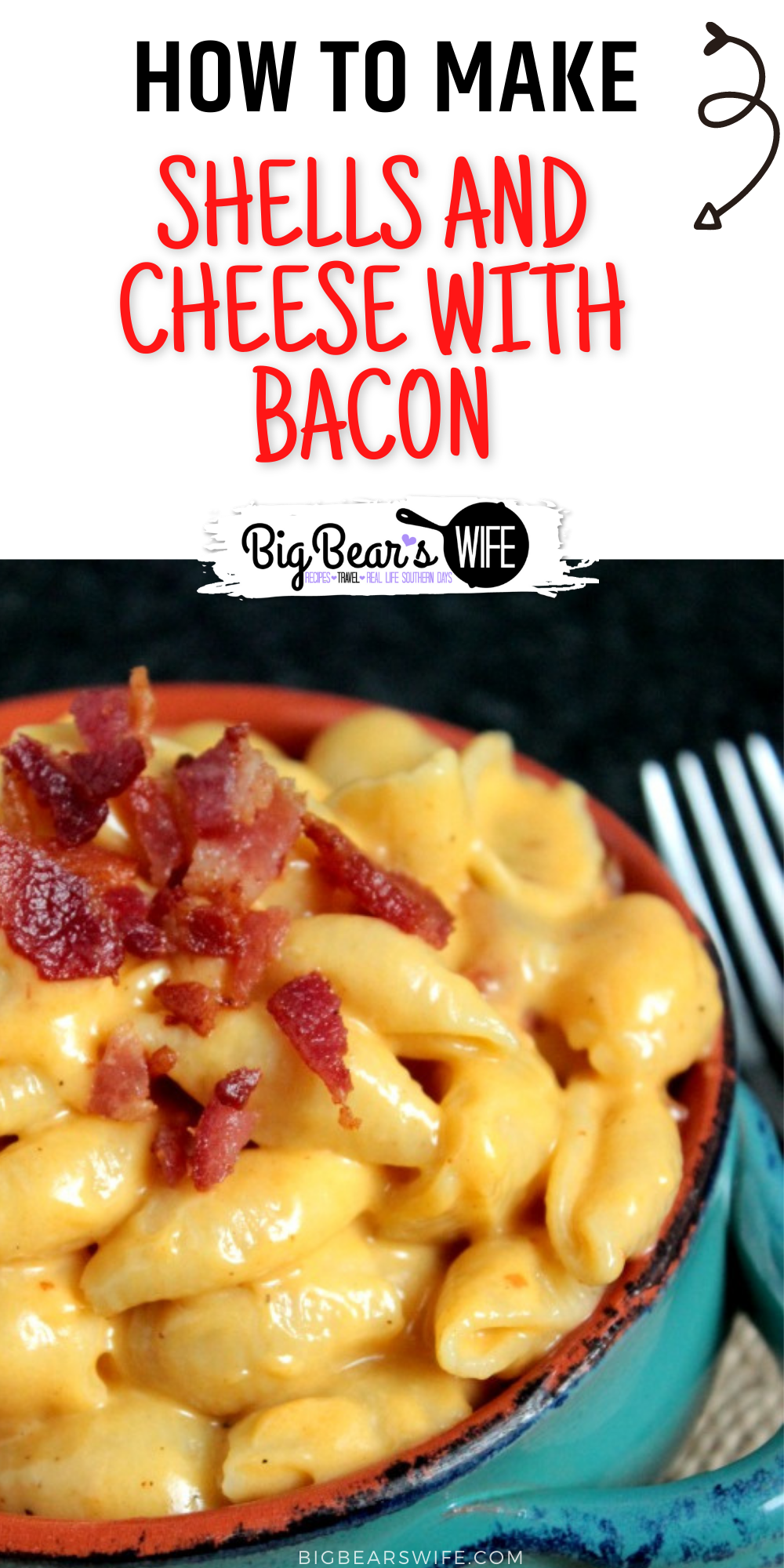 This Shells and Cheese with Bacon is a fun mac and cheese recipe that's made with small shells, Bacon Smoked Sea Salt and bacon! via @bigbearswife