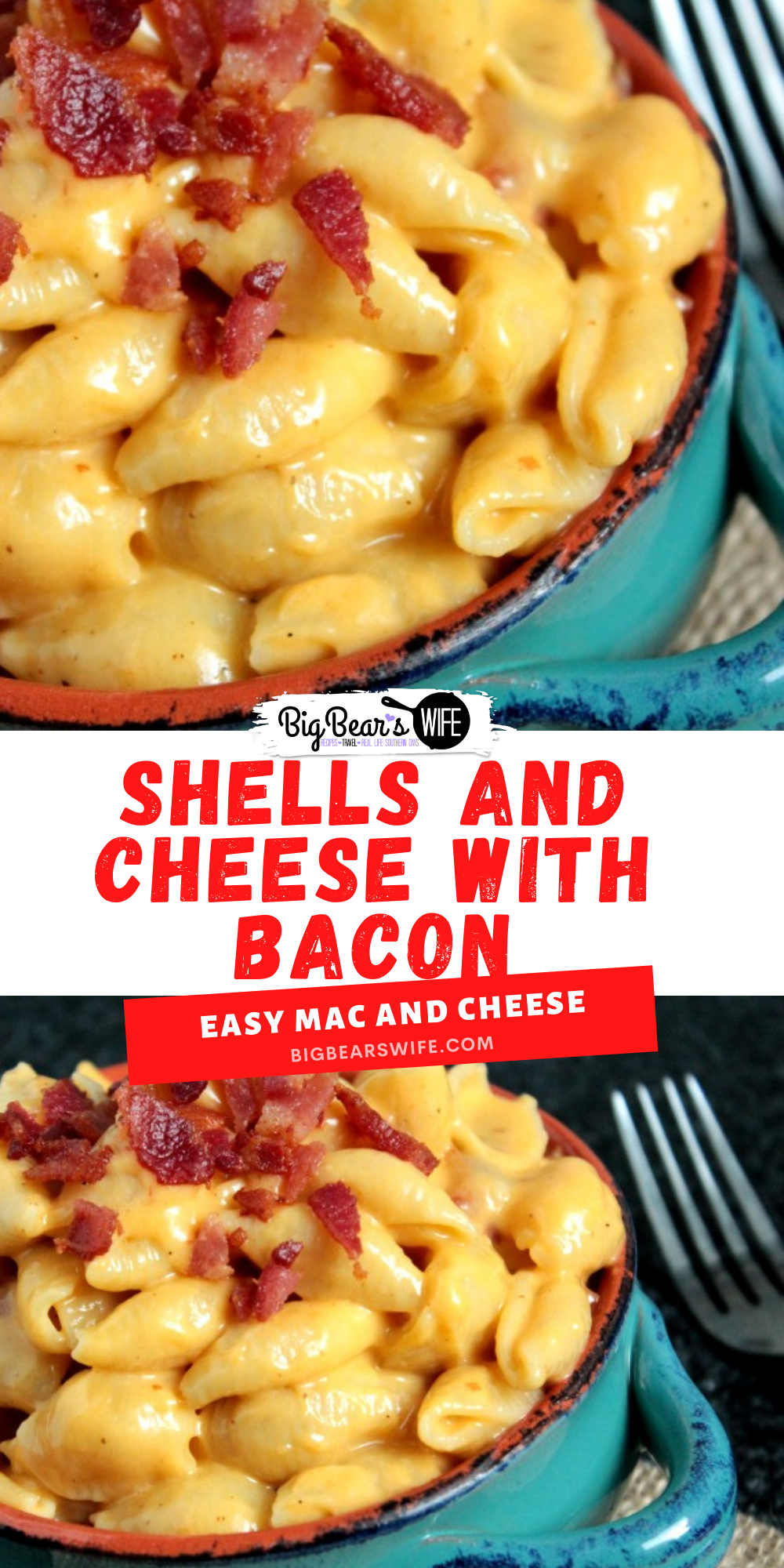 This Shells and Cheese with Bacon is a fun mac and cheese recipe that's made with small shells, Bacon Smoked Sea Salt and bacon! via @bigbearswife