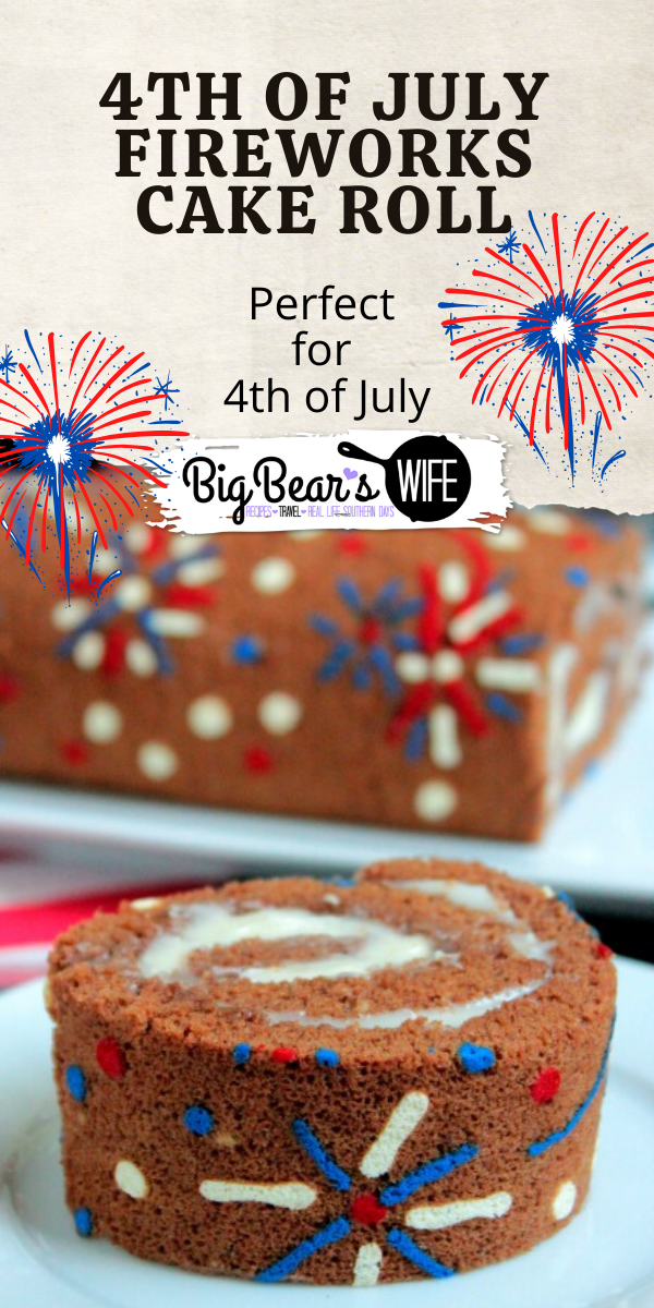 This beautiful 4th of July Fireworks Cake Roll is a chocolate sponge cake that's decorated with red white and blue fireworks and perfect for the 4th of July!  via @bigbearswife