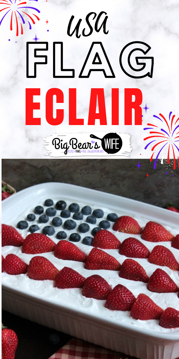My favorite no bake eclair dessert with a patriotic twist! It's always the first dessert to disappear at cookouts! This USA Flag Eclair is great for any patriotic holiday! via @bigbearswife
