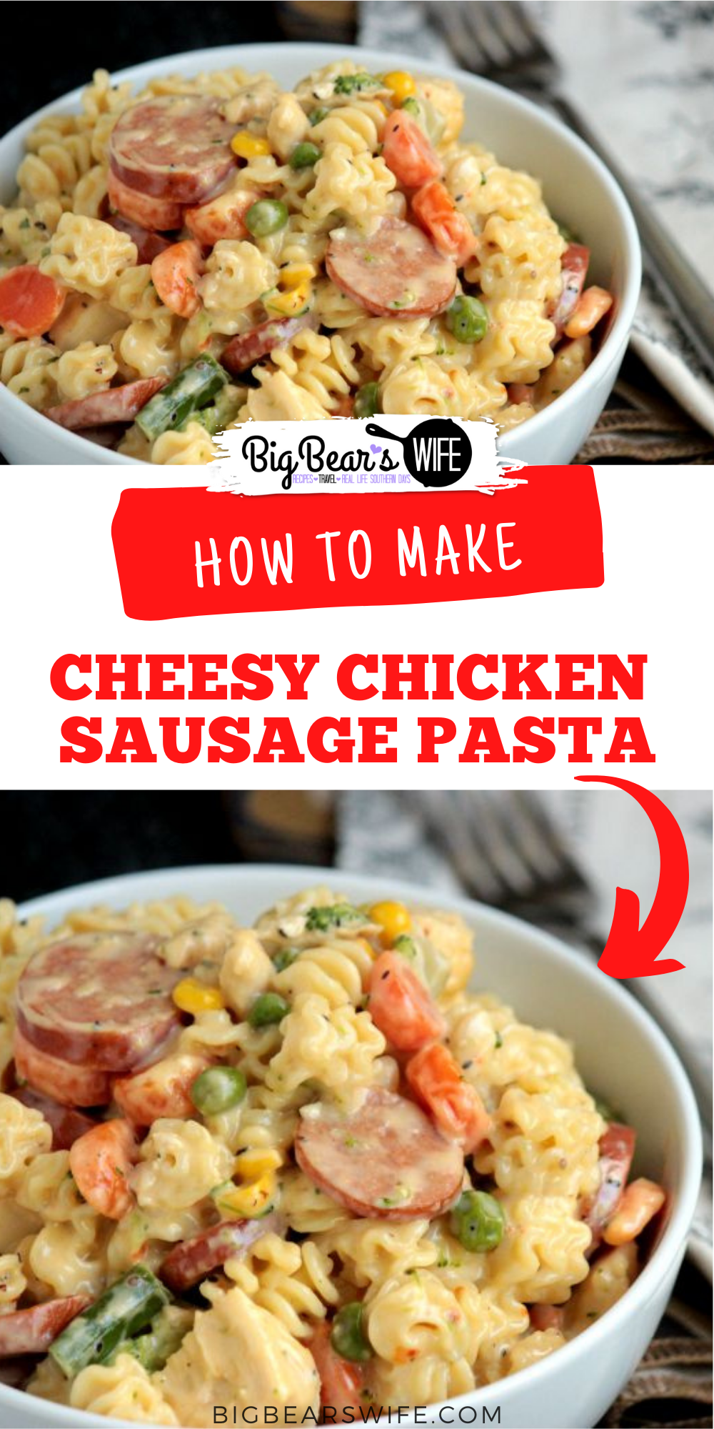  Cheesy Chicken & Sausage Pasta – This Cheesy Chicken & Sausage Pasta is a copycat homemade version of the frozen bags of cheesy chicken pasta that comes from the grocery store! via @bigbearswife