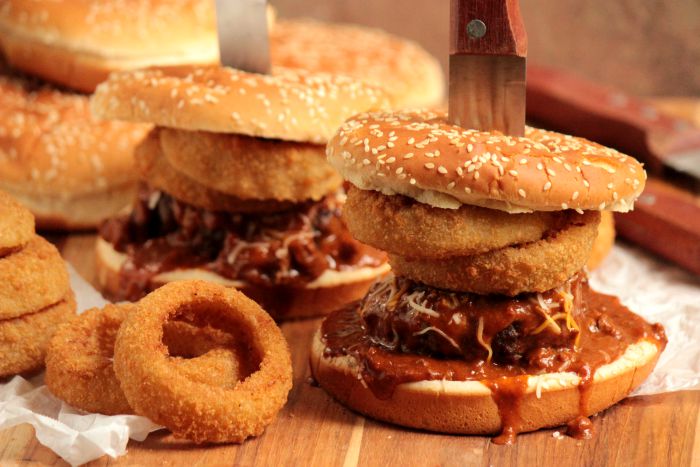 Stacked Onion Ring Chili Cheese Burger #BurgerMonth
