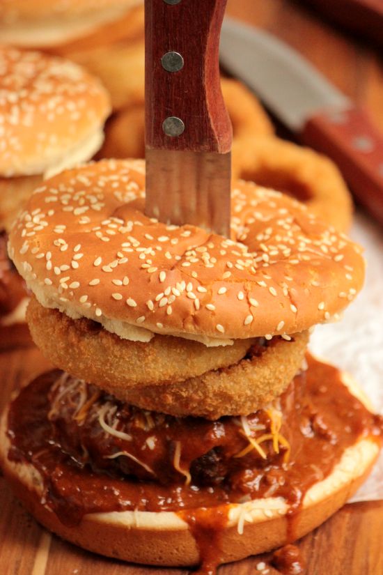 Stacked Onion Ring Chili Cheese Burger #BurgerMonth