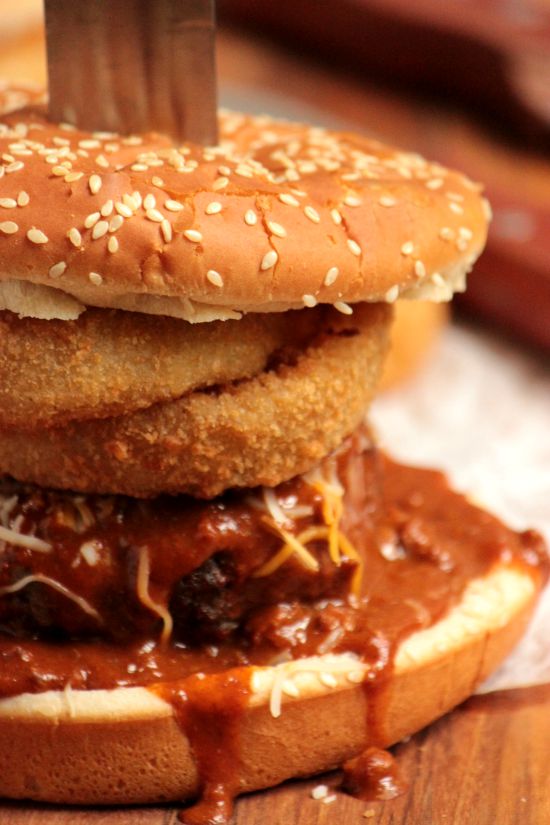 Stacked Onion Ring Chili Cheese Burger 