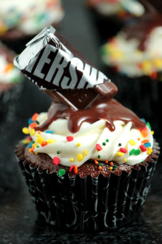 Chocolate Birthday Cupcakes with Melting Chocolate Bar Effect