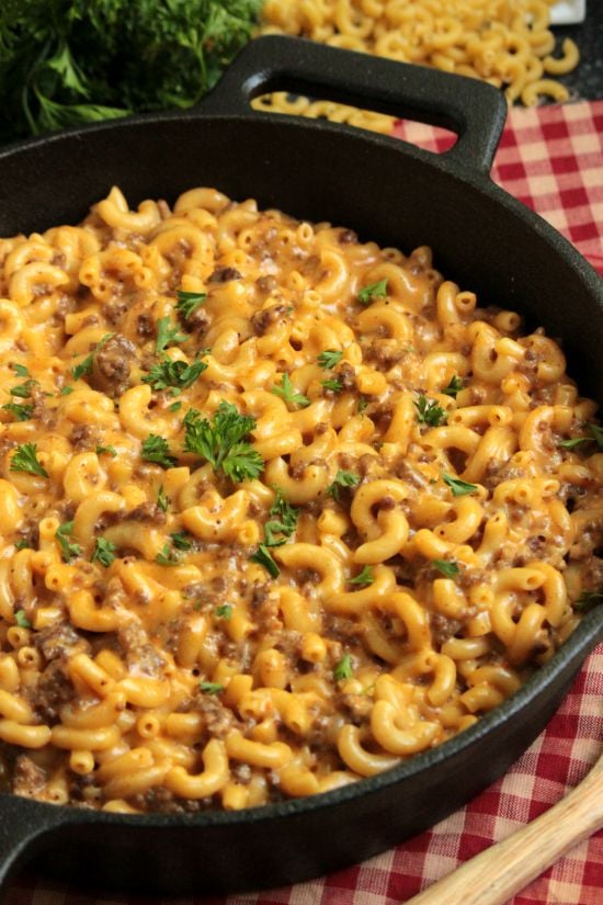 Cheeseburger Macaroni Skillet - Homemade Hamburger Helper - How many of y'all have tried to make Homemade Hamburger Helper before? This Cheeseburger Macaroni Skillet is my version of that favorite childhood dinner!