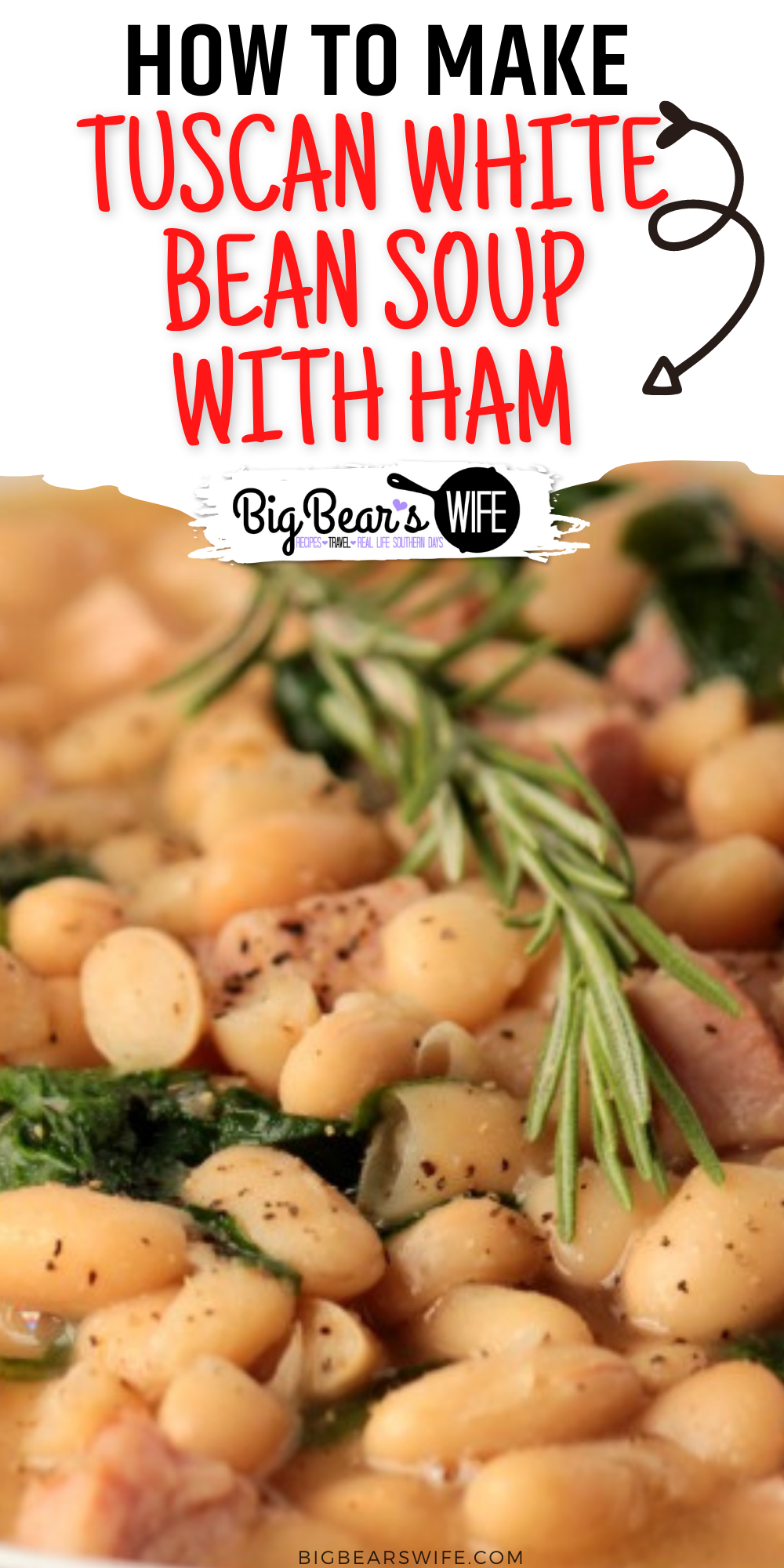 This Tuscan White Bean Soup with Ham is packed full of  Cannellini white beans and ham! It's an easy soup that's ready in under 45 minutes. This would be great with leftover ham from Thanksgiving or leftover turkey!  via @bigbearswife