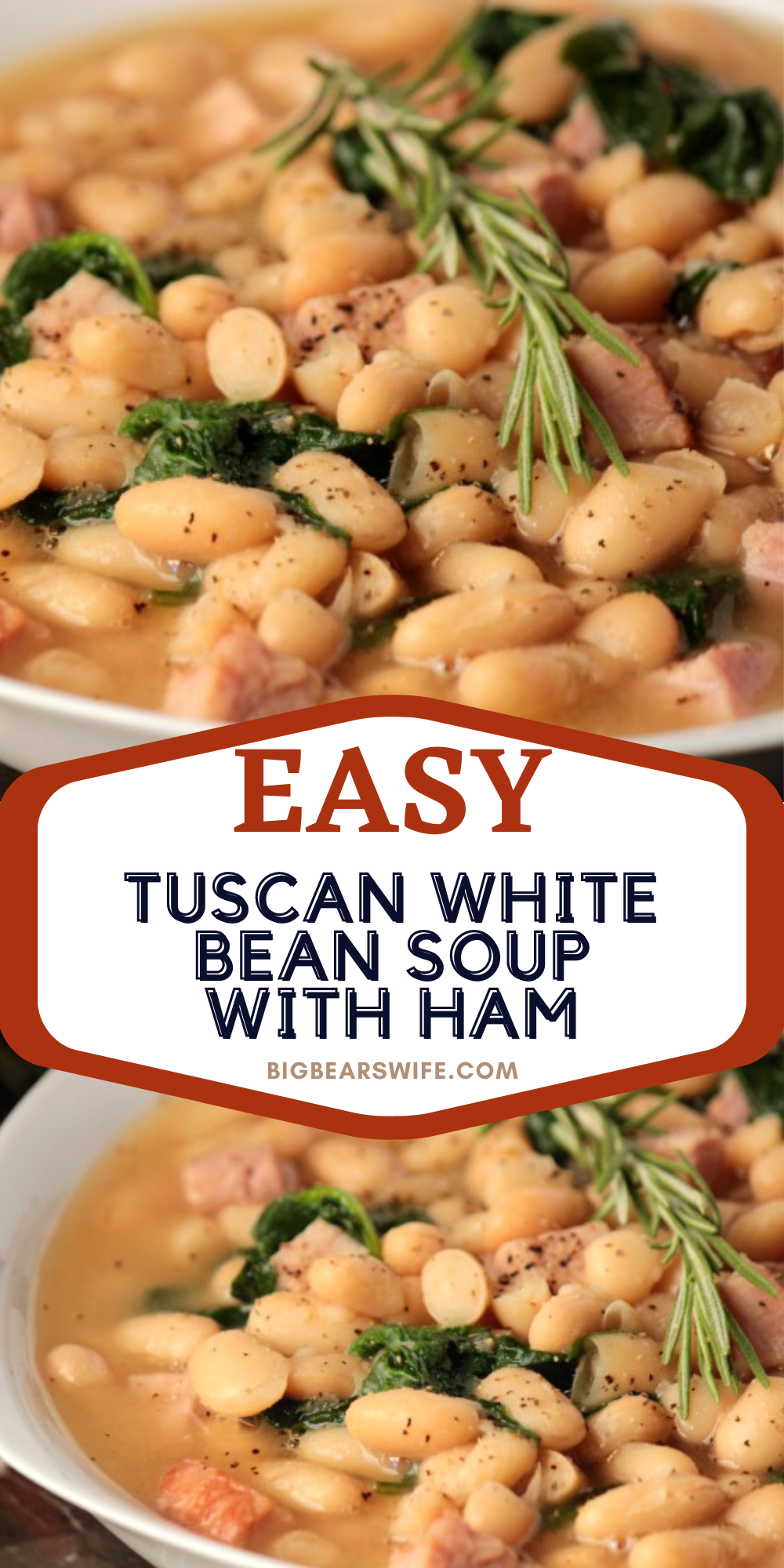 This Tuscan White Bean Soup with Ham is packed full of  Cannellini white beans and ham! It's an easy soup that's ready in under 45 minutes. This would be great with leftover ham from Thanksgiving or leftover turkey!  via @bigbearswife