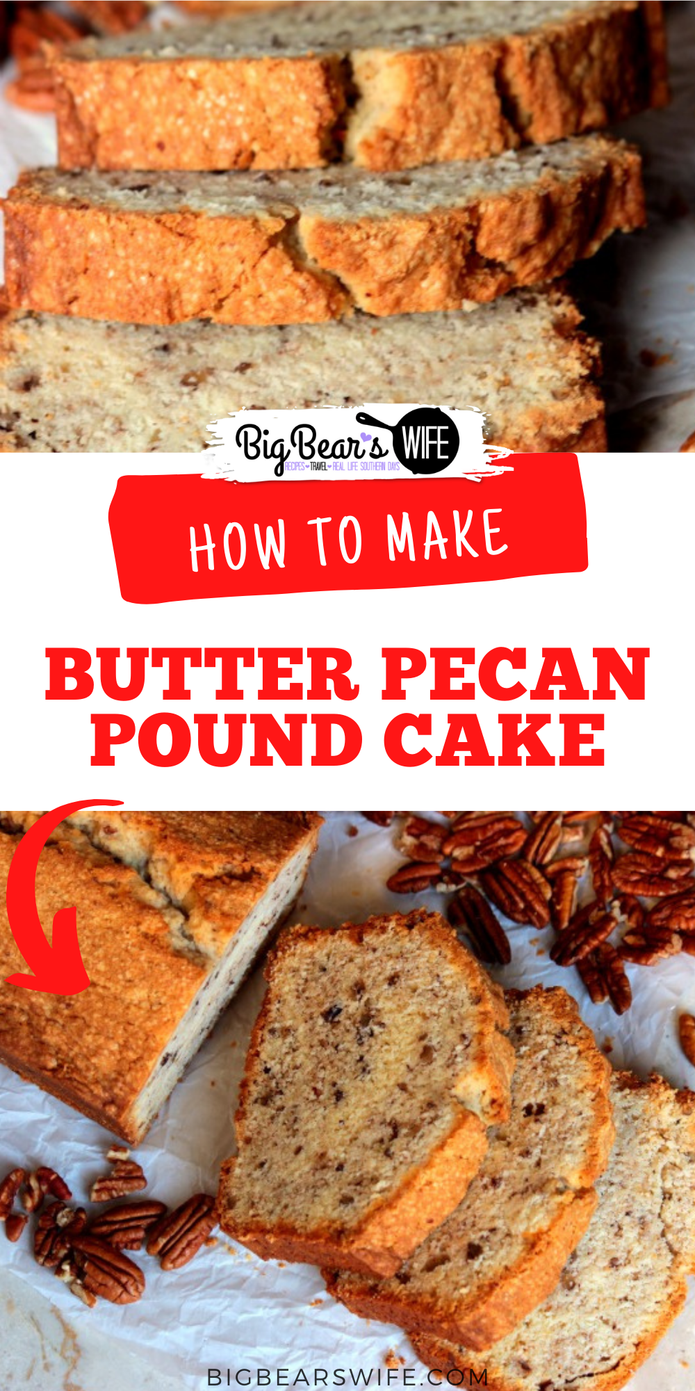 Butter Pecan Pound Cake - A perfect pound cake to whip up for your family or as a gift for friends! This homemade Butter Pecan Pound Cake is delicious and it's my version of a favorite pound cake that we get from the local farmer's market! via @bigbearswife