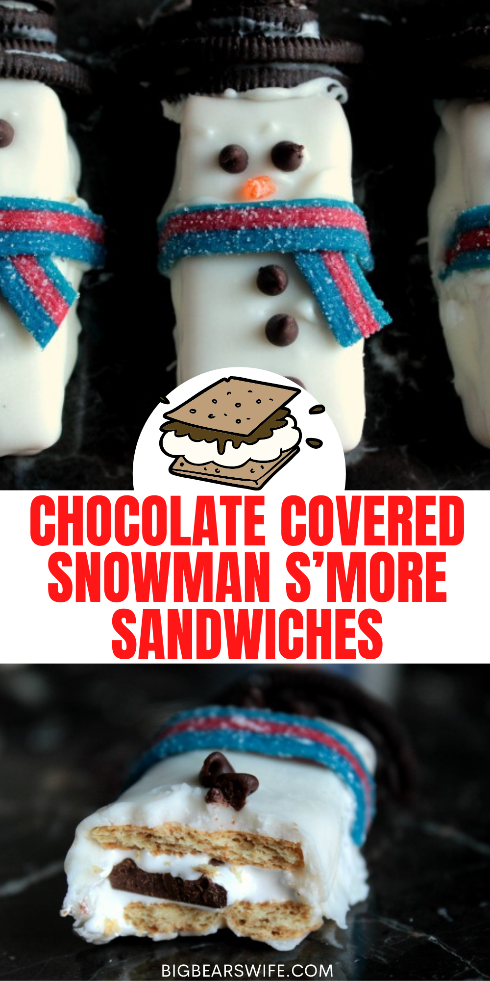  Graham Crackers, Marshmallow, Chocolate and Candies make up these Chocolate Covered Snowman S'more Sandwiches! Top them with Oreo hats and candy scarfs and serve them at your Holiday Party! via @bigbearswife