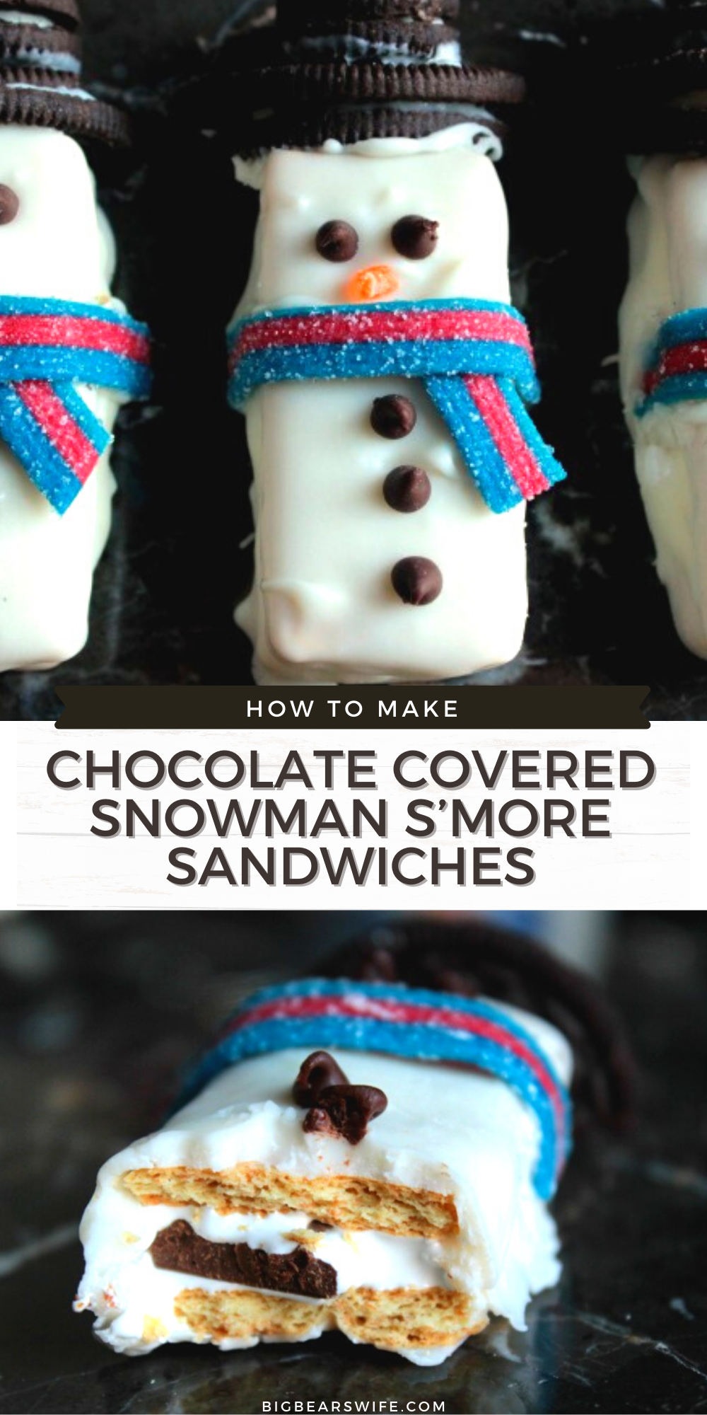 Graham Crackers, Marshmallow, Chocolate and Candies make up these Chocolate Covered Snowman S'more Sandwiches! Top them with Oreo hats and candy scarfs and serve them at your Holiday Party! via @bigbearswife