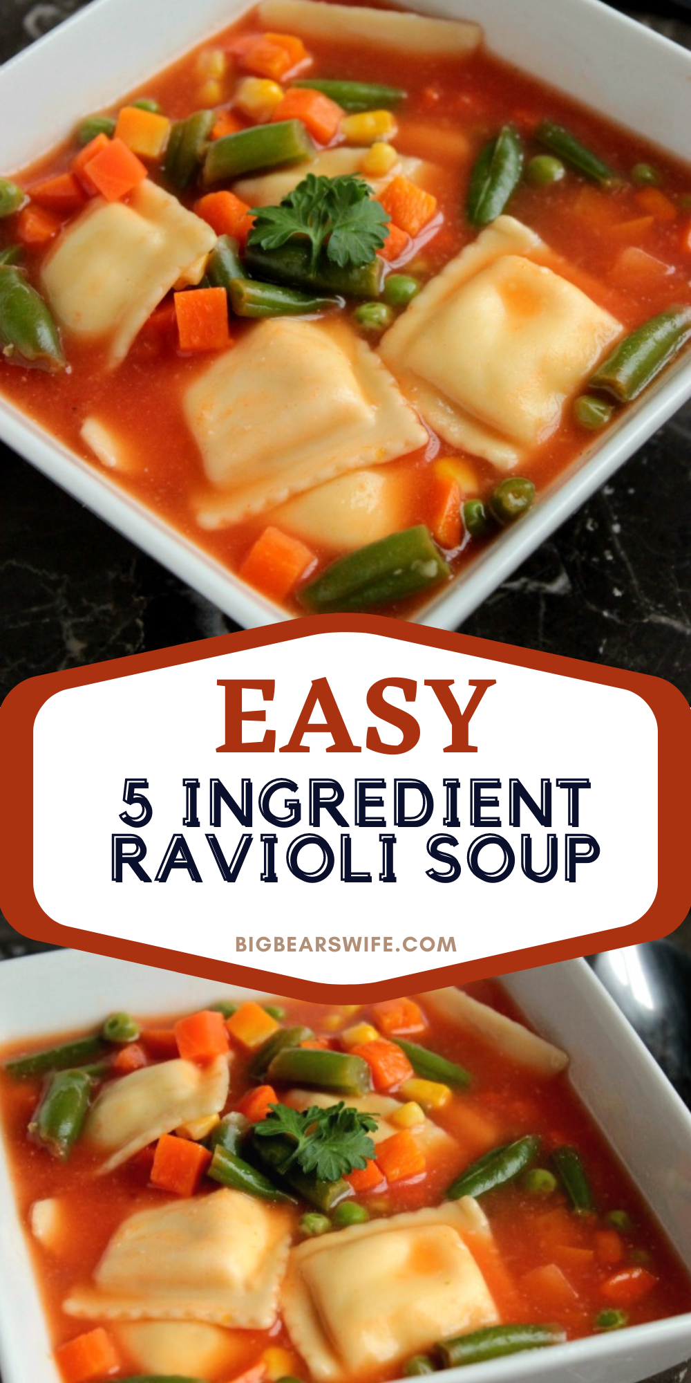 5 Ingredient Ravioli Soup is just that, ravioli soup that's simply made with only 5 ingredients. This super easy soup recipe is great for winter nights or fall evenings. It's a super easy dinner recipes that is super quick to make.  via @bigbearswife