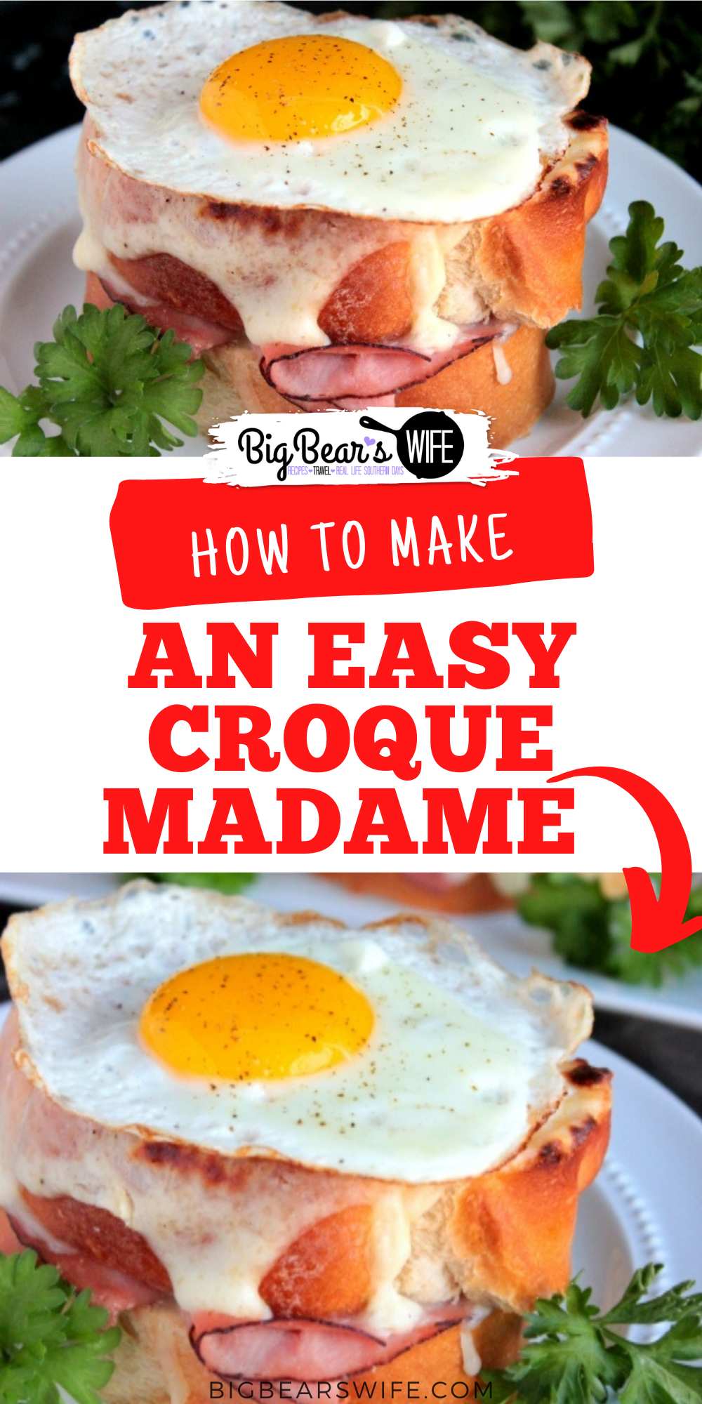 A perfectly made Croque Madame is a toasted ham and cheese sandwich with a cheesy Bechamel Sauce and a fried egg resting on top! The perfect breakfast sandwich. via @bigbearswife