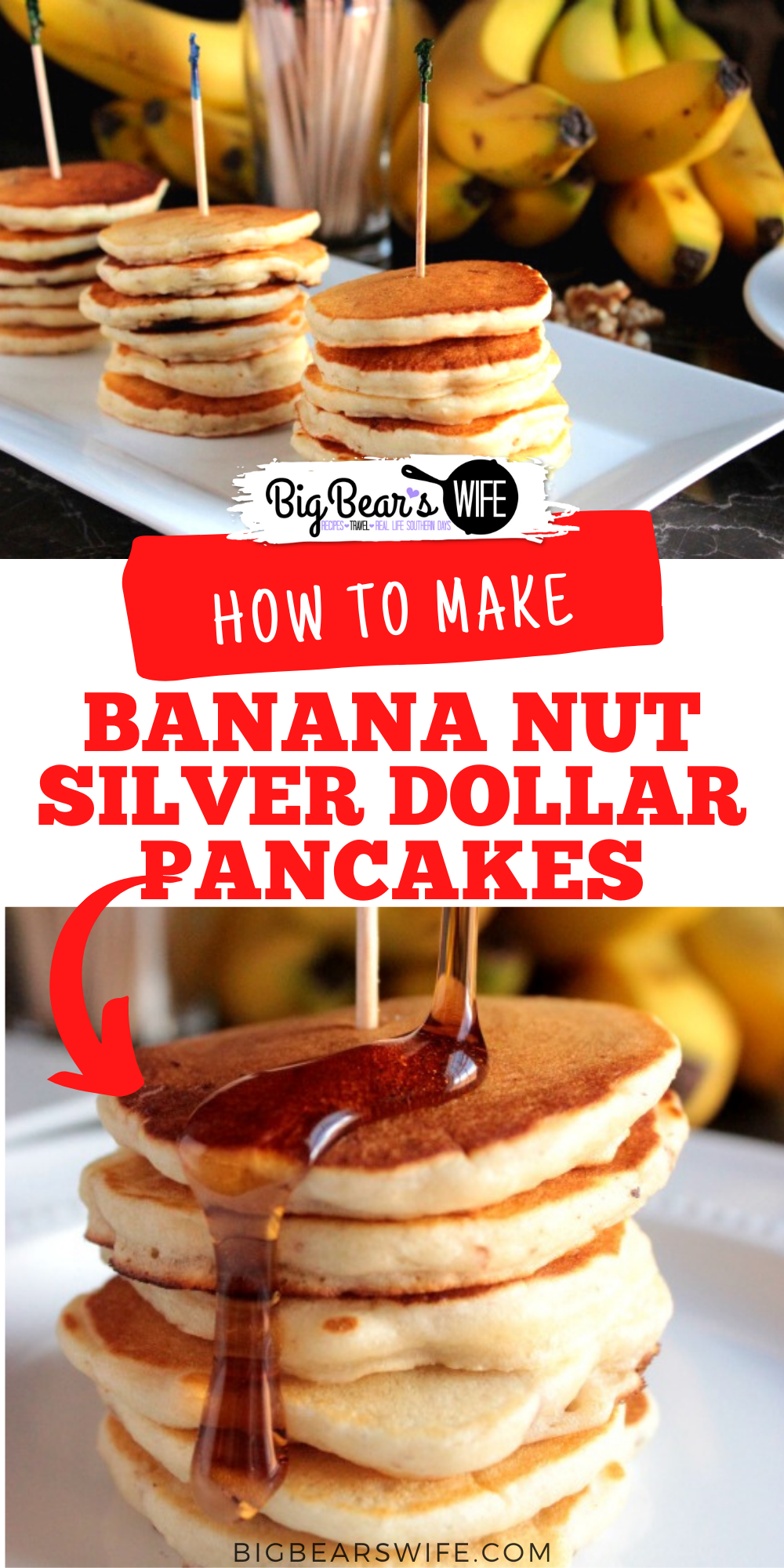 BANANA NUT SILVER DOLLAR PANCAKES - Delicious and wonderful banana pancakes that can be cooked regular size or mini size! They're perfect for breakfast!  via @bigbearswife