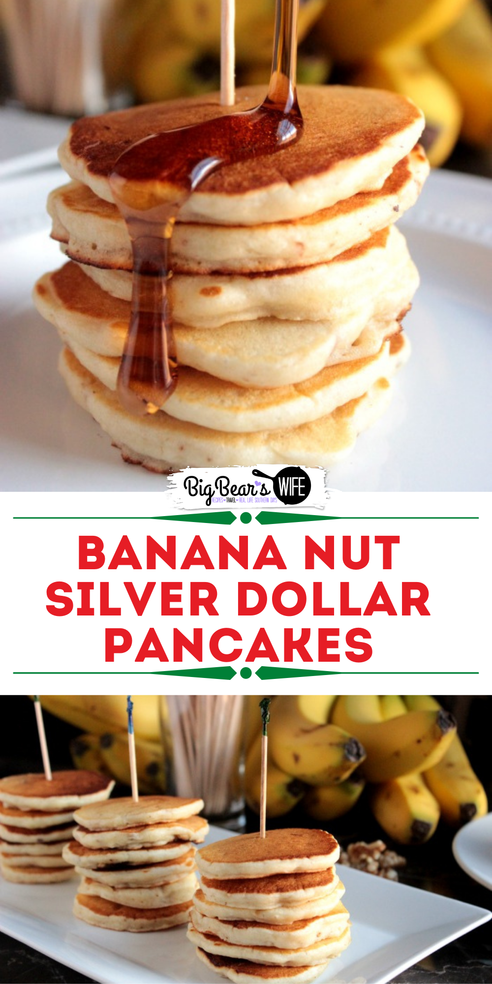 BANANA NUT SILVER DOLLAR PANCAKES - Delicious and wonderful banana pancakes that can be cooked regular size or mini size! They're perfect for breakfast!  via @bigbearswife