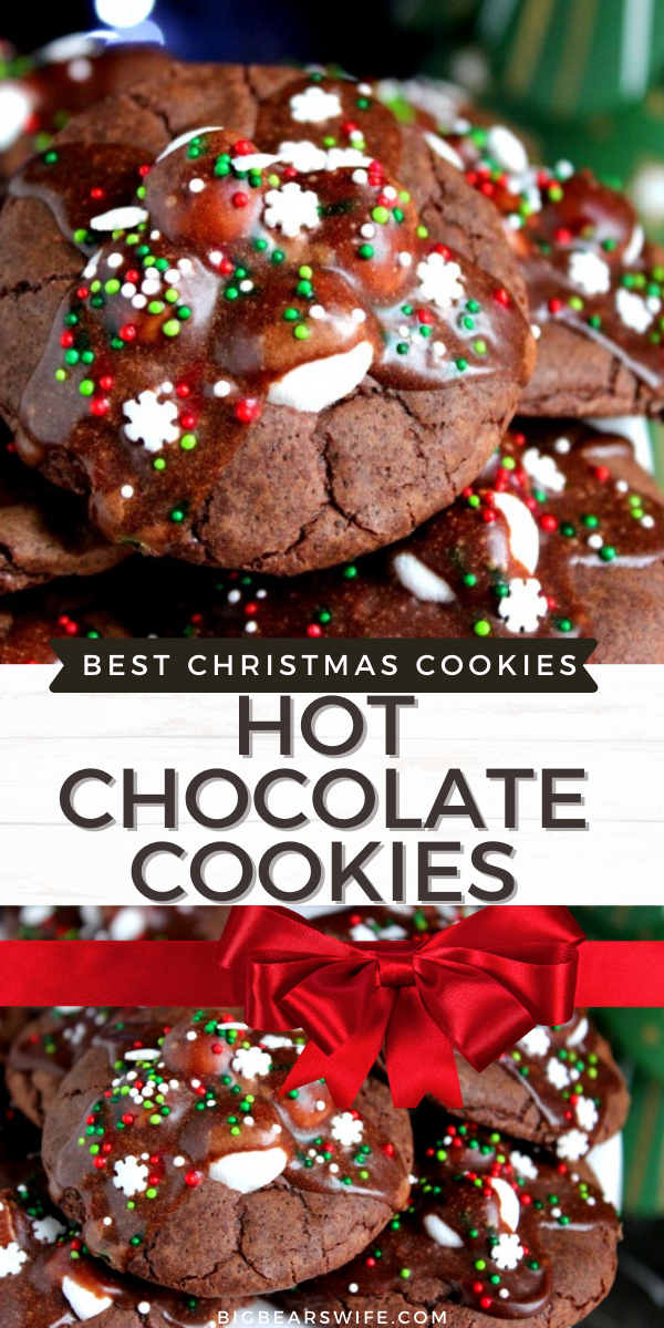  Hot Chocolate Cookies -- Hot Chocolate Cookies are so popular in our family that I end up making dozens and dozens for family members during the holidays! They're rich chocolate cookies with melted marshmallows stacked on top with a chocolate glaze drizzle and sprinkles to finish them off.   via @bigbearswife